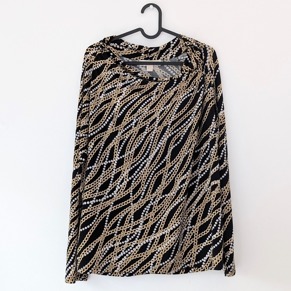 Michael Kors Women's Black Gold Chain Pearl Print Stretch Top ~ Size Large - Picture 1 of 9